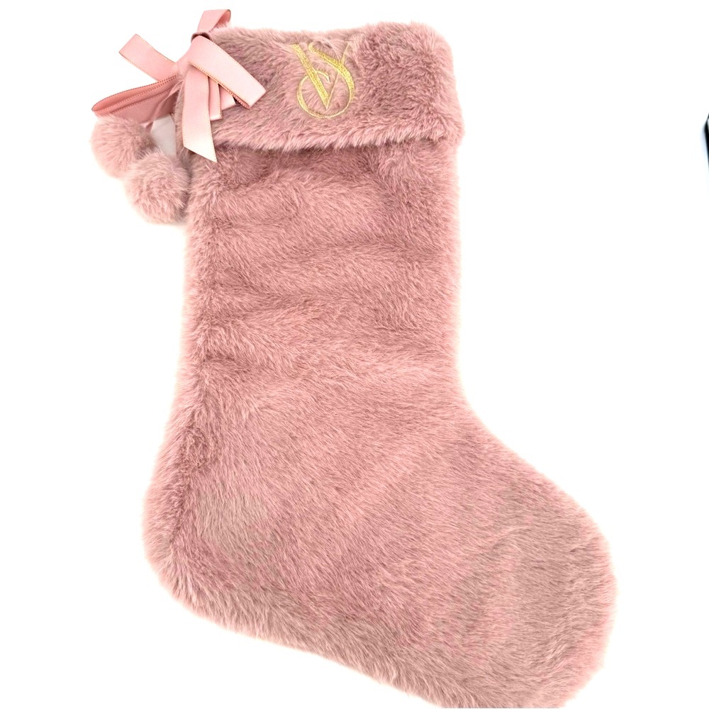 Victoria’s Secret Pink Dusty Rose Embroidered Faux Fur Glam Bow Pom Pom Stocking